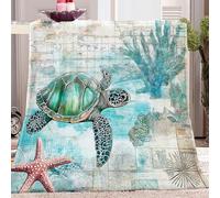 Blanket Super King Size Vintage Watercolor Turtle Pattern Throws for Sofas Settees, Soft Warm Fleece Flannel Blanket for Couch Bed Living Room Home Decor 200 x 220 cm, Green