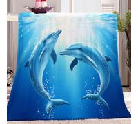 Blanket Throw Teen Blue Printed Sherpa Fleece Blankets Throws 150 x 200 cm Ultra Soft Underwater Animal Dolphin Fuzzy Blanket - Easy Care Bed Sofa Room Decor Blanket Double