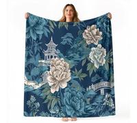 Blanket Traditional East Asian Architecture Floral, Soft Fleece Flannel Throw Single Size Lightweight Cute Comfy Warm, Dark Blue Blankets for Kids Teens Couch Sofa Bed Office 127 x 152 cm