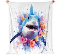 Blanket Watercolor Shark Flowers Fleece Throw Blanket Fuzzy 150 x 200 cm Birthday Gifts Blanket, Throw for Couples Kids Friends Color Blue