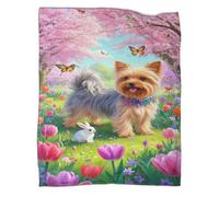 Blanket Yorkshire Terrier 3D Pattern Spring Flower Landscape Flannel Throw Blanket Lightweight Cosy for Sofa, Couch, Bed 70x80inch(180x200cm)