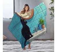 Blankets A Black Cat Sits On A Bathroom Sink, Gazing Into A Mirror Flannel Blanket Soft Blanket Towel Warmer(125x150cm)