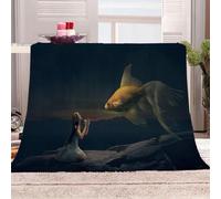 Blankets and Throws 3D Print Girl And Red Goldfish Theme Flannel Fleece Blanket for Couch Sofa Cozy Luxury Bed 70x86inch Fuzzy Lightweight Super Warm Microfiber for All Season