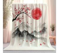 Blankets King Size Japanese Ink Mountain Cherry Blossom Pattern Sherpa Blanket Lightweight Fluffy White Fleece Flannel Soft Cozy Warm for Couch Bed Warming Decor 180 x 200 cm
