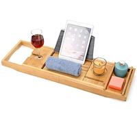 Blanks Direct Bath Caddy with candle, wine glass, book, tablet, ipad & phone holder. Extendable/adjustable bridge, Natural wood over bath tub tray (Brown)