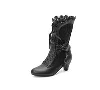 Blano Lofor Women Victorian Boots Chunky Heels Lace up Cute Bow Knot Cosplay Costumes Witch Medieval Renaissance Mid-Calf Goth Boots Vintage Gothic Character Dance Kawaii Lolita Shoes, Leather Black