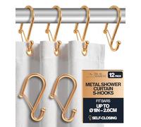 Blau Marité 12 Decorative Metal Shower Curtain Hooks, S-Shaped Hooks with Anti-Fall System, Rust-Proof Shower Rings with Safety Buckle, Fits Rods Up to 1-Inch Diameter (S, Gold)