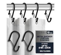 Blau Marité 12 Decorative Metal Shower Curtain Hooks, S-Shaped Hooks with Anti-Fall System, Rust-Proof Shower Rings with Safety Buckle, Fits Rods Up to 1-Inch Diameter (S, Black)