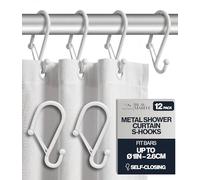 Blau Marité 12 Decorative Metal Shower Curtain Hooks, S-Shaped Hooks with Anti-Fall System, Rust-Proof Shower Rings with Safety Buckle, Fits Rods Up to 1-Inch Diameter (S, White)