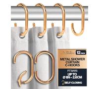 Blau Marité 12 Metal Shower Curtain Hooks, Rust-Proof Decorative C-Shaped Curtain Hooks for Bathroom, Golden Shower Curtain Rings, Fits Rods Up to 1 Inch (C, Gold)