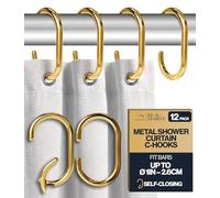 Blau Marité 12 Metal Shower Curtain Hooks, Rust-Proof Decorative C-Shaped Curtain Hooks for Bathroom, Shower Curtain Rings, Fits Rods Up to 1 Inch - Yellow Gold