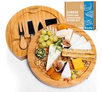 BlauKe® Bamboo Cheese Board and Knife Set - 25cm Round Charcuterie Board, Serving Platter with 4 Cheese Knives - Wooden Cheese Board Gift Set