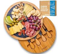 BlauKe® Bamboo Cheese Board with Knife Set and Slate - 30cm Round Charcuterie Board, Serving Platter with Cheese Knives - Wooden Cheese Board Gift Set