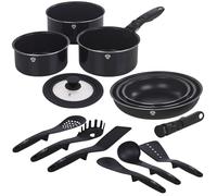 Blaumann Aluminium Induction Space Saving Cookware Pots Frying Pan Set Detachable Handle with Kitchen Accessories 6 Tools (Black Matt, 9 Pc w/ 6 Tools), comp-14594-21430+14597+14596-21455