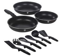Blaumann Aluminium Induction Space Saving Cookware Pots Frying Pan Set Detachable Handle with Kitchen Accessories 6 Tools (Black Matt, 4 Pc Frying Pan Set w/ 6 Tools)