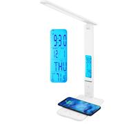 BLAUPUNKT LED Desk Lamp, Wireless Phone Charger, USB, Dimmable Table Lamp with 5 Colour Modes, Adjustable Arm, LCD Display, Clock Calendar Temperature, Easy to Use - Home Office - White with UK Plug