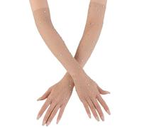 Blausky 1 Pair Women's Fishnet Fingerless Gloves Long Gloves with Rhinestone Mesh Sleeves Mesh Arm Warmers for Retro Party Disco, 80s 90s Party Cosplay, Black, beige, 46cm
