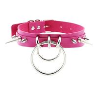 Blausky PU Leather Choker Adjustable 31 - 40 cm, Punk Gothic Necklace Rock Leather Band Collar with O-Metal Ring and Rivet for Women, Necklace for Party, Daily Life, Concert and Festival, Rose Red