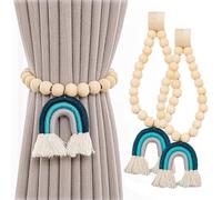 Blaward Curtain Tiebacks, Wooden Beaded Rainbow Tassel Curtain Tie Backs Set of 2, No Punch Window Treatment Holdbacks, Curtain Holder for Drapes, Boho Bedroom Baby Nursery Farmhouse Decor