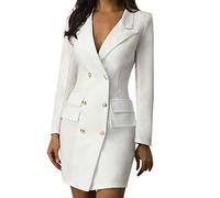 Blazer Dress Women's Elegant White Blazer Jacket Long Sleeve Blazer Dresses with Buttons Long Blazer Women's Blazer Autumn Slim Fit Office Dress Bodycon Business Dress Blouse Dress, White, XL