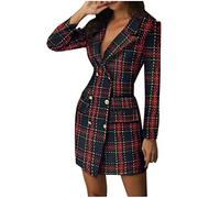 Blazer Dresses for Women UK, Double Breasted Sexy V Neck Colorblock Patch Work Dress Winter Plaid Coat Dress Long Sleeve Plaid Print Dress Knee Length Long Midi Dress Elegant Party Dress Red