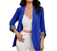 Blazer for Women Uk, Roll Cuff 3/4 Sleeve Plaid Lapel Single Button Pocket | Lightweight Suit Jacket Multi Colours Smart Outerwear for Office Commute Shopping Travel Summer Layered Outfits