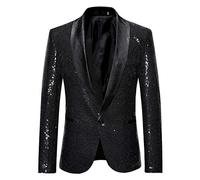Blazer Men's Sequin Suit Jacket Glitter Golden Suit Jacket Formal Clothing One Button Tuxedo Jacket Christmas Shiny Suit Jacket Performance Costume Wedding Party, black, XL