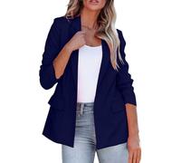Blazers for Women UK Casual Long Ruched Sleeve Suit Plain Open Jackets Office Formal Suits with Pockets Button for Ladies Notched Lapel Workwear Elegant Classic Formal Work Office Navy