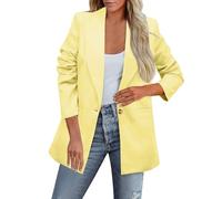 Blazers for Women UK, Womens Jackets Longline 3/4 Ruched Sleeve Blazer Casual 1 Button Coat Formal Lapel Suit Jacket for Office Business Yellow XL