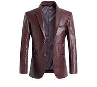 Blazers Men Slim Fit Suit Jackets Leather Blazer Burgundy L