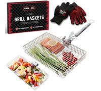 BLAZIN' GRILL Baskets for Outdoor Grill | 2 Grilling Baskets with Detachable Handle | Barbecue Grill Set with BBQ Gloves | Portable Camping Net Rack Perfect for Vegetables, Seafood & Meat