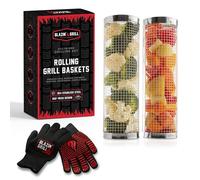 BLAZIN' GRILL Rolling Grill Basket | 2 x Grilling Basket & Smoker Accessories | Grill Baskets for Outdoor Grill with BBQ Gloves | Barbecue Grill baskets for Vegetables, Seafood & Meat