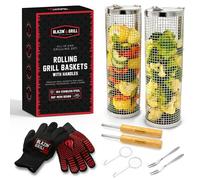BLAZIN' GRILL Rolling Grill Basket with Removable Handle | 2 x Grilling Basket & Smoker Accessories | Grill Baskets for Outdoor Grill with BBQ Gloves | Barbecue Grill Baskets for Vegetables, Seafood