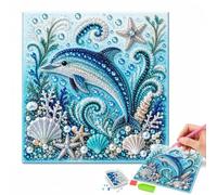 BLBATBK Ocean Theme Pearl Art DIY Kit, Dolphin Wall Décor Canvas | Pearl-like beads and blue gems create textured dolphin ocean artwork