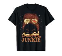Bleached Crawfish Junkie Leopard Messy Bun Seafood Lover T-Shirt