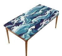 Bleblef Ocean Waves Table Cloth Elastic Edged Rectangle,3052 | Windproof Elastic Fitted Tablecloth Wipe Clean Elastic Edged Table Cover 76x152CM for Garden Dining Party Décor