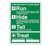 Bleedsave Run, Hide, Tell & Treat - Nearest Trauma Kit/Person in Charge 300 x 400 mm - Glow In The Dark Self Adhesive Vinyl Safety Sign