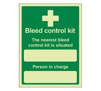 Bleedsave The Nearest Bleed Control Kit Is Situated - Portrait 150 x 200 mm - Glow In The Dark Self Adhesive Vinyl Safety Sign