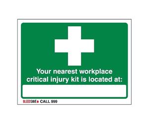 Bleedsave The Nearest Workplace Critical Injury Kit Is Located - Call 999 200 x 150 mm - Self Adhesive Vinyl Safety Sign