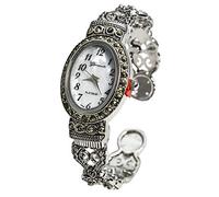 Blekon Collections Japanese Quartz Antique Designed Silver 24mm Marcasite Bangle Watch, Silver-Ovel