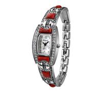 Blekon Collections Japanese Quartz Ladies Square Stones 21mm Case Pearl Dial Metal Link Bracelet Fashion Watch, Silver/Red