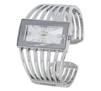Blekon Collections Ladies Fashion Watch - Rectangular Analog Quartz Sturdy Stylish Wrist Watch Semi Cuff Bangle Watch, Silver/Silver, Casual, Classic, Elegant, Womens, Unique
