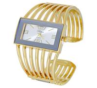 Blekon Collections Ladies Fashion Watch - Rectangular Analog Quartz Sturdy Stylish Wrist Watch Semi Cuff Bangle Watch, Silver/Gold