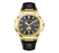 Blekon Collections Men's 44mm Quartz Watch, Comfortable Silicone, Leather Strap, Luminous Hands & Numbers, Easy-Read Date Display, Sleek Round Dial - Perfect for Everyday Wear, Black/Gold/Black