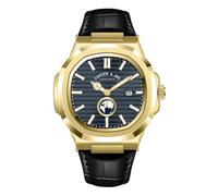 Blekon Collections Men's 44mm Quartz Watch, Comfortable Silicone, Leather Strap, Luminous Hands & Numbers, Easy-Read Date Display, Sleek Round Dial - Perfect for Everyday Wear, Blue/Gold/Black, Modern