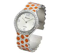 Blekon Collections Women's 33mm Case Hexagon Patterned Metal Bangle Watch, Orange