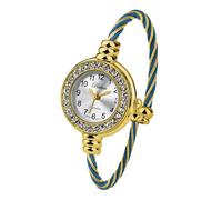 Blekon Collections Women's Cuff Watch - Round Analog Display Arabic Numbers 23mm Case Wire Bracelet Watch for Women Elegant Cable Cuff Bangle Wrist Watch…, Rhinestone Gold/Blue, Casual, Classic,