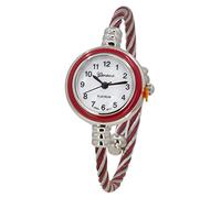 Blekon Collections Women's Cuff Watch - Round Analog Display Arabic Numbers 23mm Case Wire Bracelet Watch for Women Elegant Cable Cuff Bangle Wrist Watch, Silver/Red, Elegant