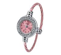 Blekon Collections Women's Cuff Watch - Round Analog Display Arabic Numbers 23mm Case Wire Bracelet Watch for Women Elegant Cable Cuff Bangle Wrist Watch, Rhinestone Silver/Pink, Modern