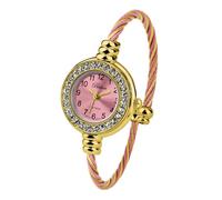 Blekon Collections Women's Cuff Watch - Round Analog Display Arabic Numbers 23mm Case Wire Bracelet Watch for Women Elegant Cable Cuff Bangle Wrist Watch…, Rhinestone Gold/Pink, Casual, Classic,